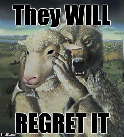 Go Ahead...Pull My Wool | They WILL; REGRET IT | image tagged in wolf,sheep,revelations,warning,surprise,gotcha | made w/ Imgflip meme maker