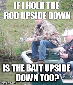 walker fishing | IF I HOLD THE ROD UPSIDE DOWN; IS THE BAIT UPSIDE DOWN TOO? | image tagged in walker fishing | made w/ Imgflip meme maker