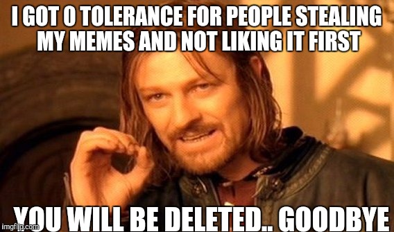 One Does Not Simply Meme | I GOT 0 TOLERANCE FOR PEOPLE STEALING MY MEMES AND NOT LIKING IT FIRST; YOU WILL BE DELETED.. GOODBYE | image tagged in memes,one does not simply | made w/ Imgflip meme maker