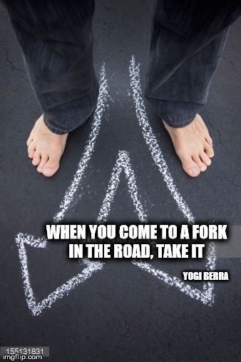 WHEN YOU COME TO A FORK IN THE ROAD, TAKE IT; YOGI BERRA | image tagged in barefoot | made w/ Imgflip meme maker