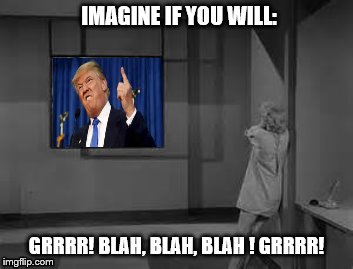 trump inauguration | IMAGINE IF YOU WILL:; GRRRR! BLAH, BLAH, BLAH ! GRRRR! | image tagged in anti trump,notmypresident,memes,twilight zone,the twilight zone,rod serling imagine if you will | made w/ Imgflip meme maker