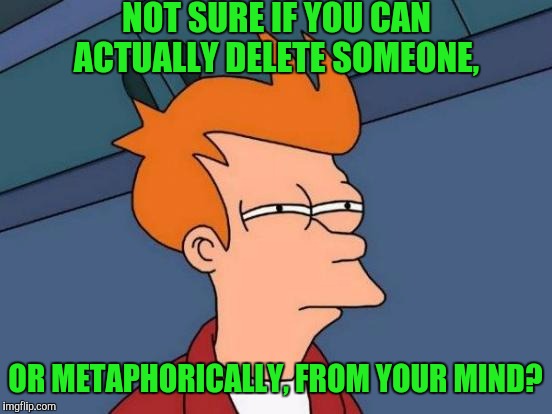 Futurama Fry Meme | NOT SURE IF YOU CAN ACTUALLY DELETE SOMEONE, OR METAPHORICALLY, FROM YOUR MIND? | image tagged in memes,futurama fry | made w/ Imgflip meme maker