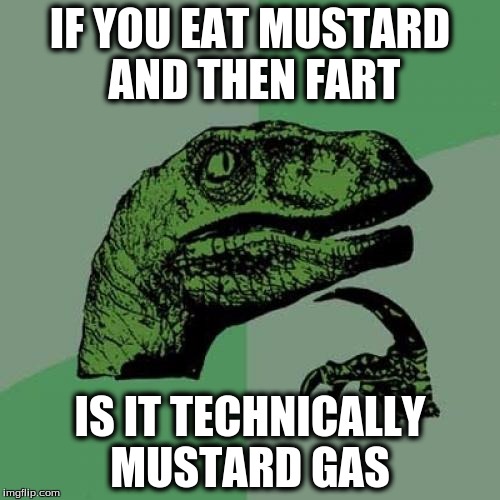 Philosoraptor | IF YOU EAT MUSTARD AND THEN FART; IS IT TECHNICALLY MUSTARD GAS | image tagged in memes,philosoraptor | made w/ Imgflip meme maker