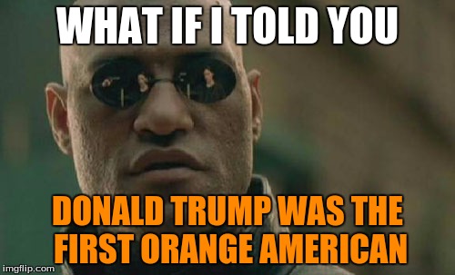 Matrix Morpheus Meme | WHAT IF I TOLD YOU; DONALD TRUMP WAS THE FIRST ORANGE AMERICAN | image tagged in memes,matrix morpheus | made w/ Imgflip meme maker