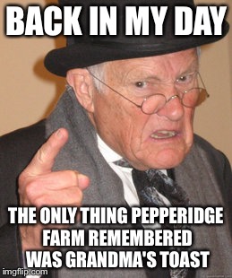 Back In My Day Meme | BACK IN MY DAY THE ONLY THING PEPPERIDGE FARM REMEMBERED WAS GRANDMA'S TOAST | image tagged in memes,back in my day | made w/ Imgflip meme maker
