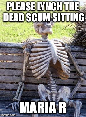 Waiting Skeleton Meme | PLEASE LYNCH THE DEAD SCUM SITTING; MARIA R | image tagged in memes,waiting skeleton | made w/ Imgflip meme maker