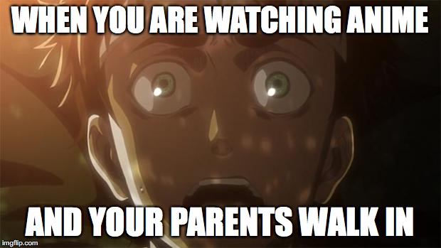 Attack on titan meme | WHEN YOU ARE WATCHING ANIME; AND YOUR PARENTS WALK IN | image tagged in attack on titan meme | made w/ Imgflip meme maker