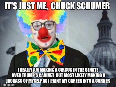 Chuck Schumer | IT'S JUST ME,  CHUCK SCHUMER; I REALLY AM MAKING A CIRCUS IN THE SENATE OVER TRUMP'S CABINET 
BUT MOST LIKELY MAKING A JACKASS OF MYSELF AS I PAINT MY CAREER INTO A CORNER | image tagged in chuck schumer | made w/ Imgflip meme maker