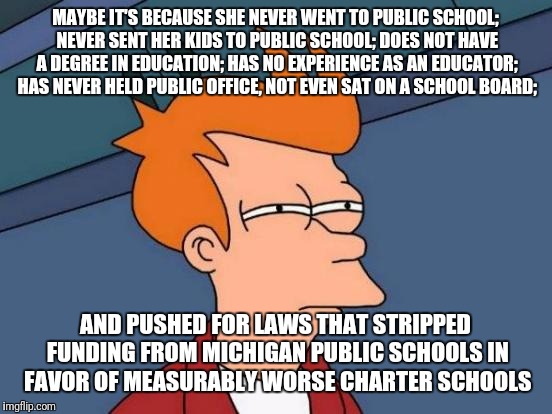 Futurama Fry Meme | MAYBE IT'S BECAUSE SHE NEVER WENT TO PUBLIC SCHOOL; NEVER SENT HER KIDS TO PUBLIC SCHOOL; DOES NOT HAVE A DEGREE IN EDUCATION; HAS NO EXPERI | image tagged in memes,futurama fry | made w/ Imgflip meme maker