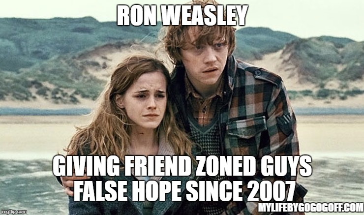 False hope | RON WEASLEY; GIVING FRIEND ZONED GUYS FALSE HOPE SINCE 2007; MYLIFEBYGOGOGOFF.COM | image tagged in friend zone,dating,harry potter,ron weasley,hermione granger | made w/ Imgflip meme maker