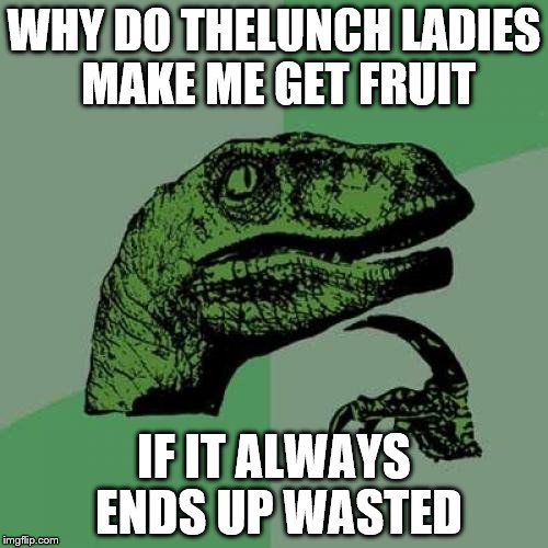 Philosoraptor Meme | WHY DO THELUNCH LADIES MAKE ME GET FRUIT; IF IT ALWAYS ENDS UP WASTED | image tagged in memes,philosoraptor | made w/ Imgflip meme maker