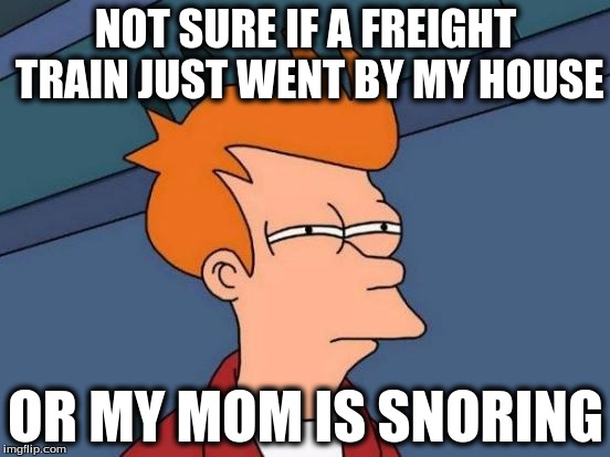 Some people just need to be quiet when they sleep. | NOT SURE IF A FREIGHT TRAIN JUST WENT BY MY HOUSE; OR MY MOM IS SNORING | image tagged in memes,futurama fry,funny,funny meme,funny memes | made w/ Imgflip meme maker