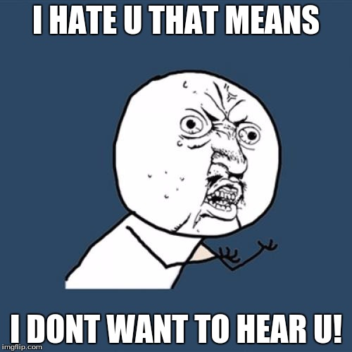 Y U No Meme | I HATE U THAT MEANS; I DONT WANT TO HEAR U! | image tagged in memes,y u no | made w/ Imgflip meme maker