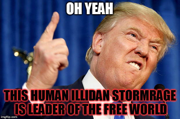 Oh dear god... | OH YEAH; THIS HUMAN ILLIDAN STORMRAGE IS LEADER OF THE FREE WORLD | image tagged in donald trump | made w/ Imgflip meme maker