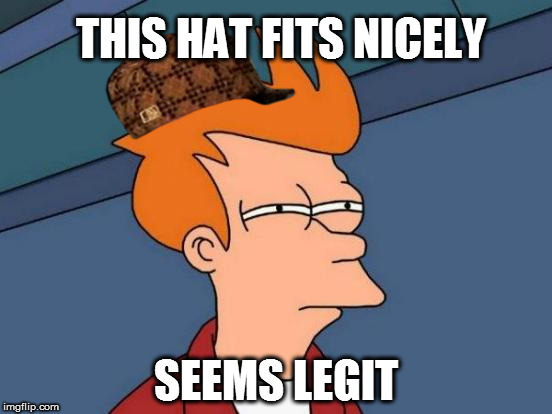 Hmmm... | THIS HAT FITS NICELY; SEEMS LEGIT | image tagged in memes,futurama fry,scumbag | made w/ Imgflip meme maker