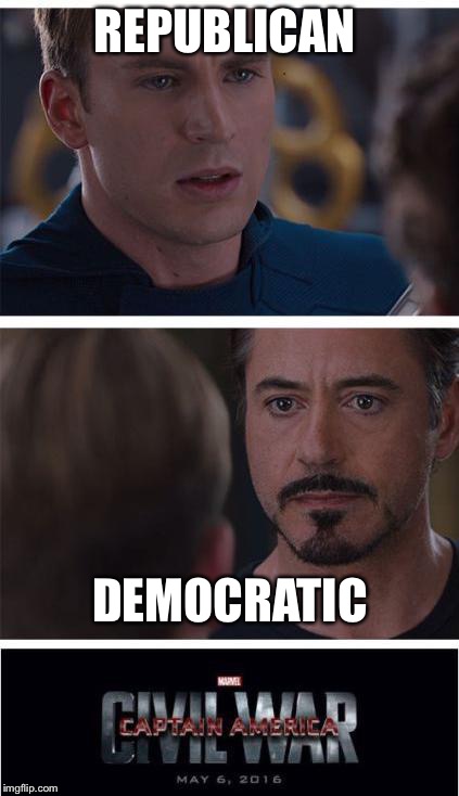 Marvel Civil War 1 Meme | REPUBLICAN; DEMOCRATIC | image tagged in memes,marvel civil war 1 | made w/ Imgflip meme maker