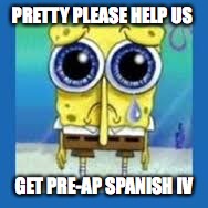 spongbob sad meme | PRETTY PLEASE HELP US; GET PRE-AP SPANISH IV | image tagged in spongbob sad meme | made w/ Imgflip meme maker