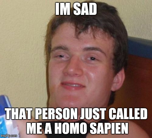 10 Guy Meme | IM SAD; THAT PERSON JUST CALLED ME A HOMO SAPIEN | image tagged in memes,10 guy | made w/ Imgflip meme maker