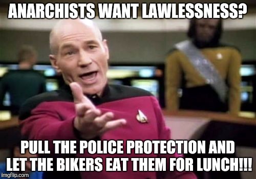 Picard Wtf | ANARCHISTS WANT LAWLESSNESS? PULL THE POLICE PROTECTION AND LET THE BIKERS EAT THEM FOR LUNCH!!! | image tagged in memes,picard wtf | made w/ Imgflip meme maker