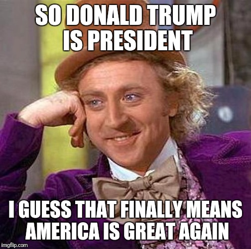 Creepy Condescending Wonka Meme | SO DONALD TRUMP IS PRESIDENT; I GUESS THAT FINALLY MEANS AMERICA IS GREAT AGAIN | image tagged in memes,creepy condescending wonka | made w/ Imgflip meme maker