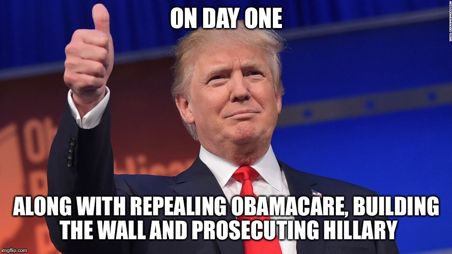 Trump Thumbs Up | ON DAY ONE ALONG WITH REPEALING OBAMACARE, BUILDING THE WALL AND PROSECUTING HILLARY | image tagged in trump thumbs up | made w/ Imgflip meme maker