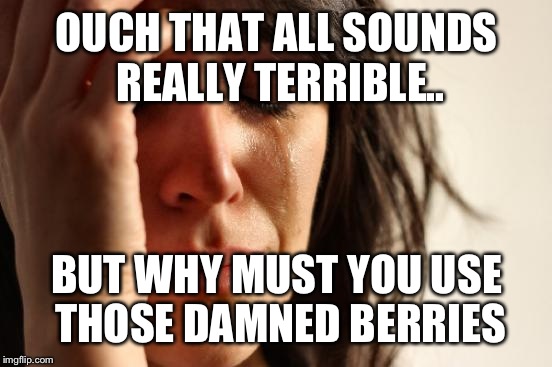 First World Problems Meme | OUCH THAT ALL SOUNDS REALLY TERRIBLE.. BUT WHY MUST YOU USE THOSE DAMNED BERRIES | image tagged in memes,first world problems | made w/ Imgflip meme maker