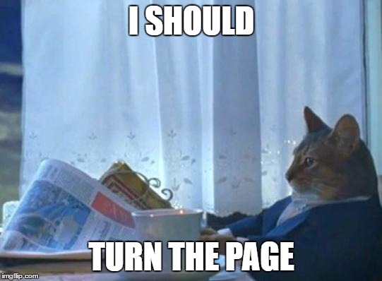 Cat newspaper | I SHOULD; TURN THE PAGE | image tagged in cat newspaper | made w/ Imgflip meme maker