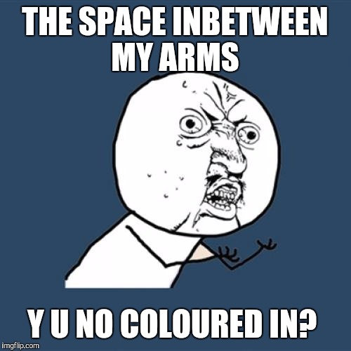 Y U No | THE SPACE INBETWEEN MY ARMS; Y U NO COLOURED IN? | image tagged in memes,y u no | made w/ Imgflip meme maker
