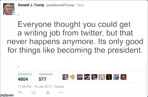 What's twitter good for? | Everyone thought you could get a writing job from twitter, but that never happens anymore. Its only good for things like becoming the president. | image tagged in blank trump tweet | made w/ Imgflip meme maker
