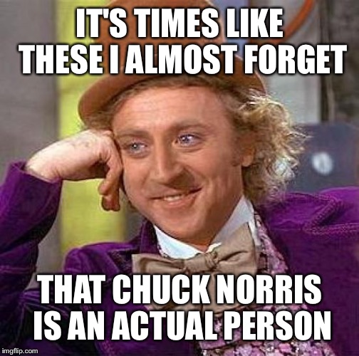 Creepy Condescending Wonka Meme | IT'S TIMES LIKE THESE I ALMOST FORGET THAT CHUCK NORRIS IS AN ACTUAL PERSON | image tagged in memes,creepy condescending wonka | made w/ Imgflip meme maker