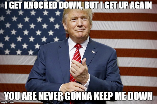 TRUMPTHUMPING | I GET KNOCKED DOWN, BUT I GET UP AGAIN; YOU ARE NEVER GONNA KEEP ME DOWN | image tagged in tubthumping,trumpthumping,donald trump,president trump,leader of the free world,democrats | made w/ Imgflip meme maker