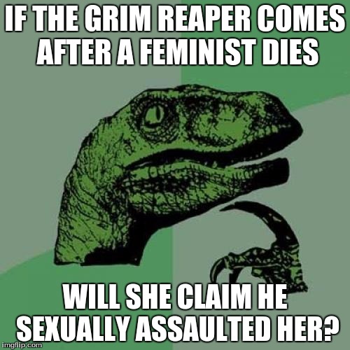 Philosoraptor | IF THE GRIM REAPER COMES AFTER A FEMINIST DIES; WILL SHE CLAIM HE SEXUALLY ASSAULTED HER? | image tagged in memes,philosoraptor | made w/ Imgflip meme maker