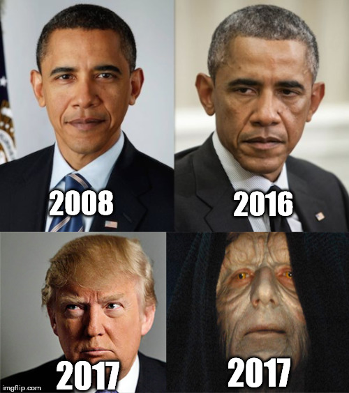 Before and after presidency. | 2008; 2016; 2017; 2017 | image tagged in president,donald trump,sith lord,2017,presidential race,before and after | made w/ Imgflip meme maker