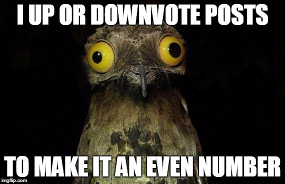 Weird Stuff I Do Potoo | I UP OR DOWNVOTE POSTS; TO MAKE IT AN EVEN NUMBER | image tagged in memes,weird stuff i do potoo,AdviceAnimals | made w/ Imgflip meme maker