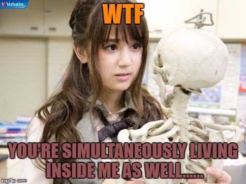 Oku Manami | WTF; YOU'RE SIMULTANEOUSLY LIVING INSIDE ME AS WELL...... | image tagged in memes,oku manami | made w/ Imgflip meme maker