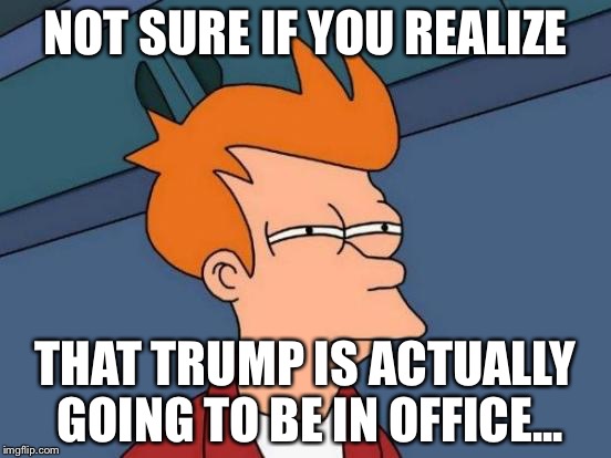 Really, he will. Like REALLY HE'LL BE ON KIDS POSTERS OF PRESIDENT AND THEY'LL THINK: WHY IS THERE A PICTURE OF PRODUCE? | NOT SURE IF YOU REALIZE; THAT TRUMP IS ACTUALLY GOING TO BE IN OFFICE... | image tagged in memes,futurama fry | made w/ Imgflip meme maker