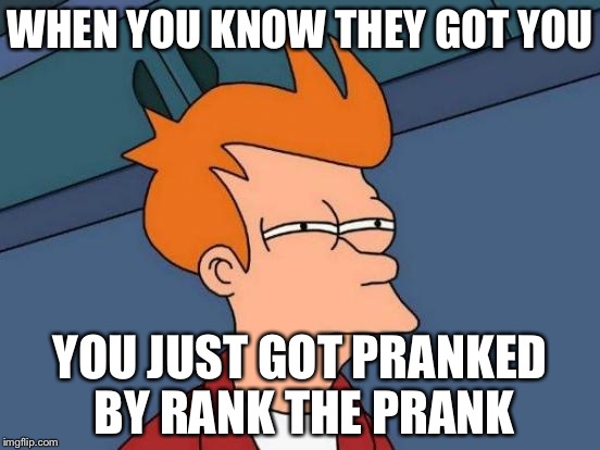 Futurama Fry Meme | WHEN YOU KNOW THEY GOT YOU; YOU JUST GOT PRANKED BY RANK THE PRANK | image tagged in memes,futurama fry | made w/ Imgflip meme maker