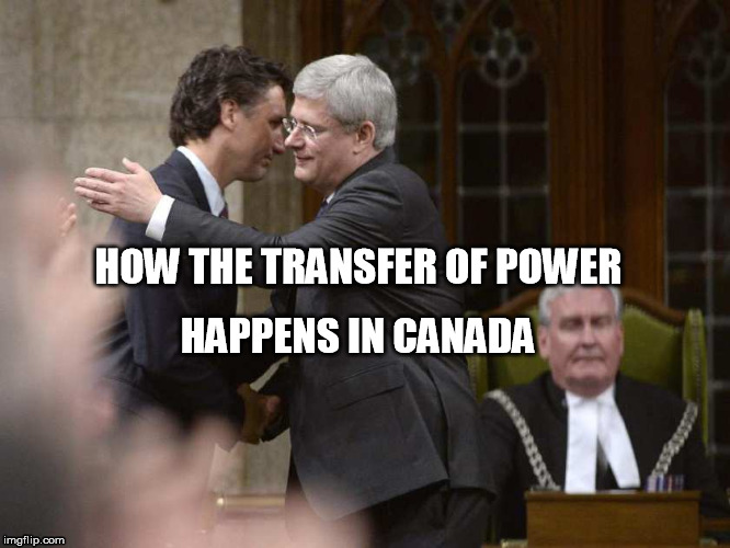 HAPPENS IN CANADA; HOW THE TRANSFER OF POWER | image tagged in transfer of power,canada,harper,trudeau,hug | made w/ Imgflip meme maker