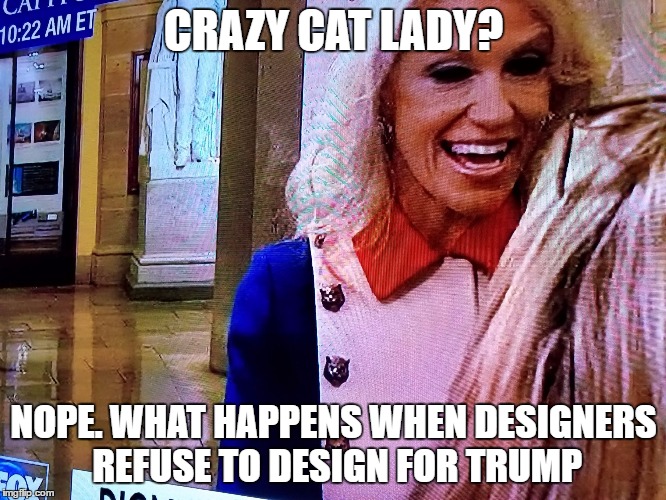 Crazy Cat Lady Kellyanne Conway |  CRAZY CAT LADY? NOPE. WHAT HAPPENS WHEN DESIGNERS REFUSE TO DESIGN FOR TRUMP | image tagged in donald trump,trump,kellyanne conway,crazy eyes,crazy cat lady | made w/ Imgflip meme maker