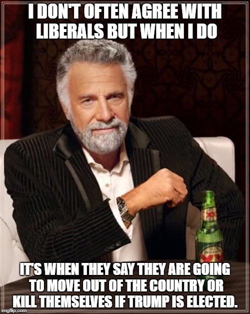 The Most Interesting Man In The World Meme | I DON'T OFTEN AGREE WITH LIBERALS BUT WHEN I DO; IT'S WHEN THEY SAY THEY ARE GOING TO MOVE OUT OF THE COUNTRY OR KILL THEMSELVES IF TRUMP IS ELECTED. | image tagged in memes,the most interesting man in the world | made w/ Imgflip meme maker