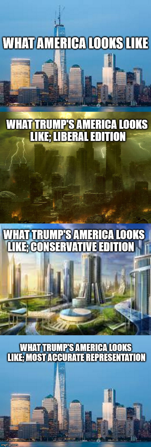 Trump's America | WHAT AMERICA LOOKS LIKE; WHAT TRUMP'S AMERICA LOOKS LIKE; LIBERAL EDITION; WHAT TRUMP'S AMERICA LOOKS LIKE; CONSERVATIVE EDITION; WHAT TRUMP'S AMERICA LOOKS LIKE; MOST ACCURATE REPRESENTATION | image tagged in trump,donald trump,election 2016 aftermath,trump inauguration,inauguration day | made w/ Imgflip meme maker