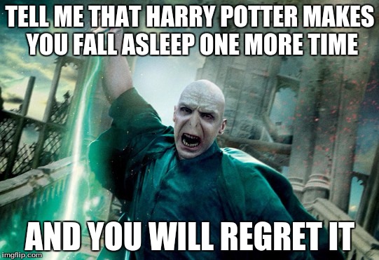 voldemortemer | TELL ME THAT HARRY POTTER MAKES YOU FALL ASLEEP ONE MORE TIME; AND YOU WILL REGRET IT | image tagged in voldemortemer | made w/ Imgflip meme maker