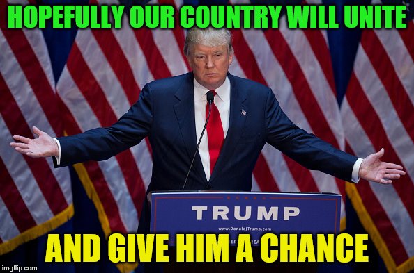 Donald Trump | HOPEFULLY OUR COUNTRY WILL UNITE; AND GIVE HIM A CHANCE | image tagged in donald trump | made w/ Imgflip meme maker