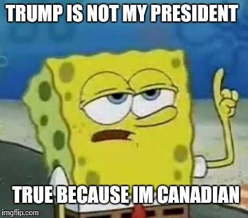 I'll Have You Know Spongebob |  TRUMP IS NOT MY PRESIDENT; TRUE BECAUSE IM CANADIAN | image tagged in memes,ill have you know spongebob | made w/ Imgflip meme maker