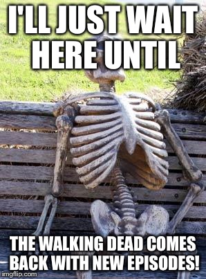 Waiting Skeleton Meme | I'LL JUST WAIT HERE UNTIL THE WALKING DEAD COMES BACK WITH NEW EPISODES! | image tagged in memes,waiting skeleton | made w/ Imgflip meme maker