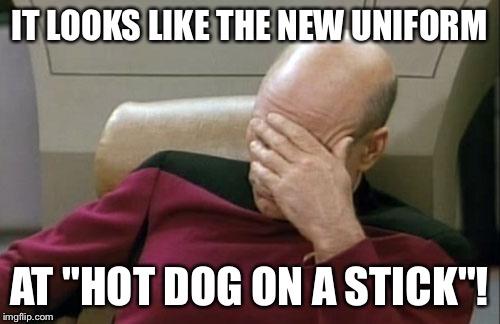 Captain Picard Facepalm Meme | IT LOOKS LIKE THE NEW UNIFORM AT "HOT DOG ON A STICK"! | image tagged in memes,captain picard facepalm | made w/ Imgflip meme maker