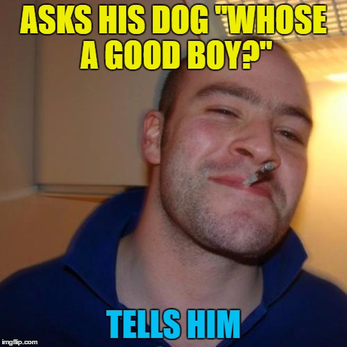 Why keep his dog guessing? | ASKS HIS DOG "WHOSE A GOOD BOY?"; TELLS HIM | image tagged in memes,good guy greg,animals,dogs | made w/ Imgflip meme maker