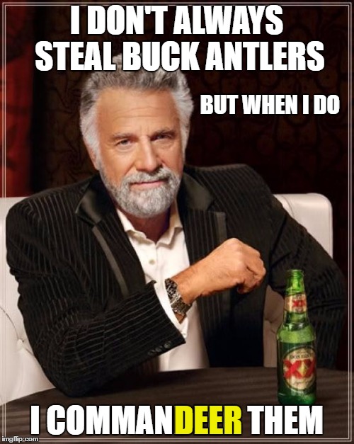 The Most Interesting Man In The World Meme | I DON'T ALWAYS STEAL BUCK ANTLERS I COMMANDEER THEM BUT WHEN I DO DEER | image tagged in memes,the most interesting man in the world | made w/ Imgflip meme maker