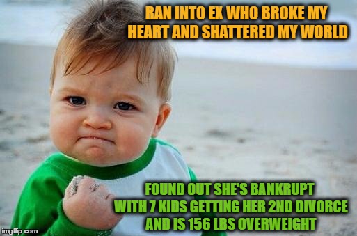 Thank you Karma | RAN INTO EX WHO BROKE MY HEART AND SHATTERED MY WORLD; FOUND OUT SHE'S BANKRUPT WITH 7 KIDS GETTING HER 2ND DIVORCE AND IS 156 LBS OVERWEIGHT | image tagged in karma's a bitch,winning,bye felicia | made w/ Imgflip meme maker