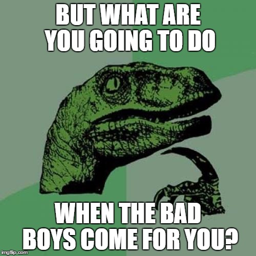 Philosoraptor | BUT WHAT ARE YOU GOING TO DO; WHEN THE BAD BOYS COME FOR YOU? | image tagged in memes,philosoraptor | made w/ Imgflip meme maker